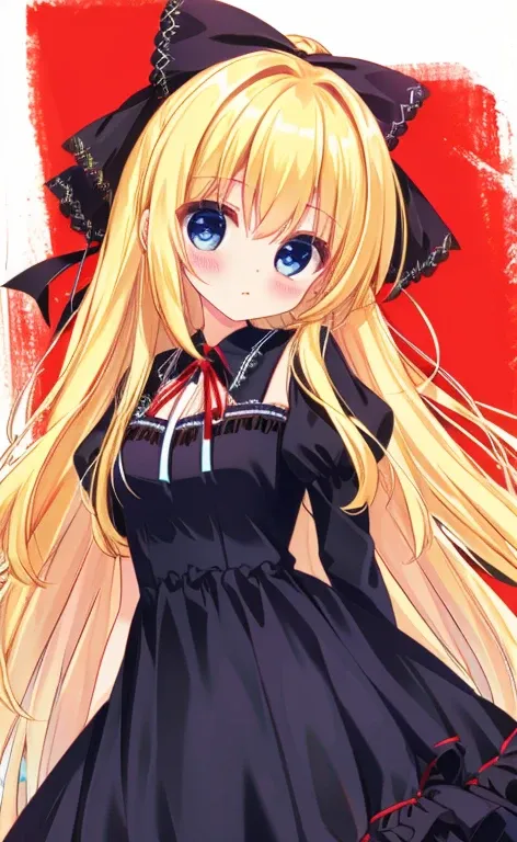 Beautiful long blonde　Blue Eyes　Cowboy Shot　ruffled black dress　Red ribbon