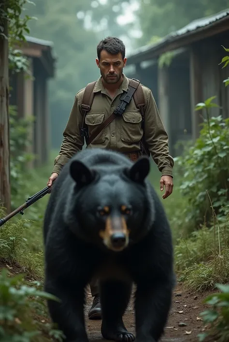 Abandoned zoo, First-person perspective of a biologist in a brown uniform, arms appear holding a tranquilizer rifle and right in front of him a black bear