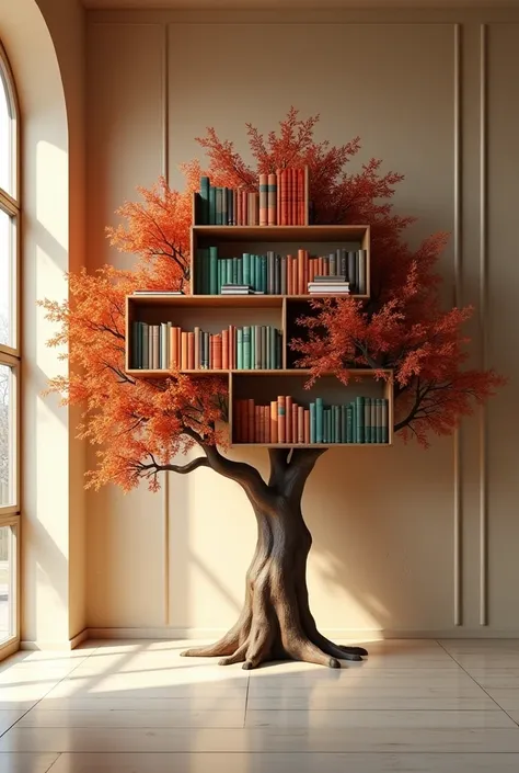 A stunning banner for an online bookstore with a sleek and modern aesthetic, showcasing a tree-shaped bookshelf with colorful books placed artistically on its branches. The scene is set against a vintage beige wall, giving the design a nostalgic yet contem...