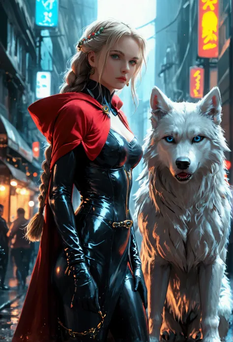 fantasy art, RPG art, ultra wide shot, RAW, photorealistic, a picture of female human ranger and her (white: 1.4) wolf pet, the ranger, an exquisite beautiful human woman, long blond hair, braided hair, green eyes, wearing leather dress, wearing (red cloak...