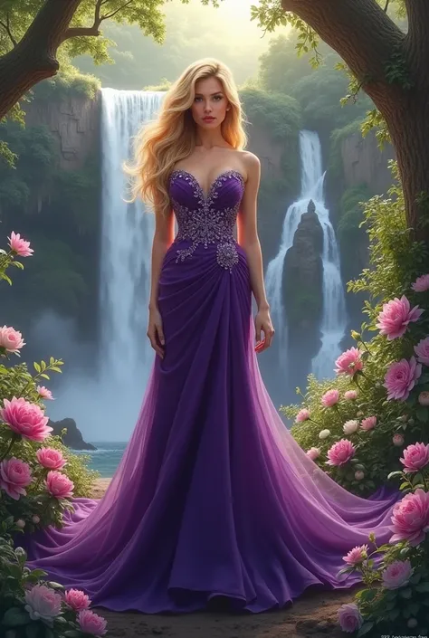 Fat blonde woman wearing a purple evening dress among flowers ,forest with waterfalls