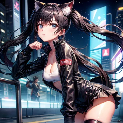 Anime girl with long hair and cat ears in the city,　Twin tails　Cyberpunk　Night City　Black shiny clothes