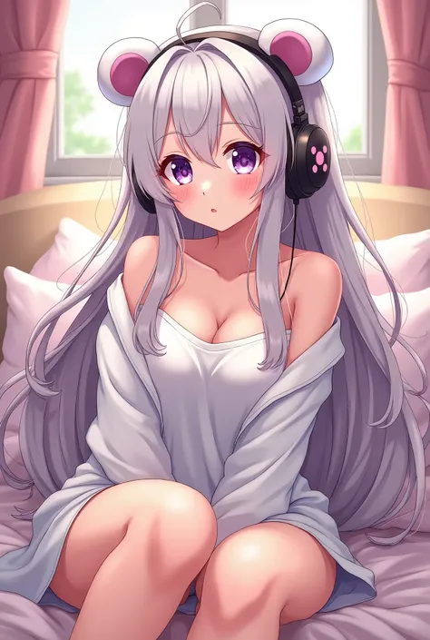 One girl, Long Hair, Silver Hair, Purple eyes, Wave,chest, Blushing, Loungewear, Lying on the bed, Bear headphones cartoon style