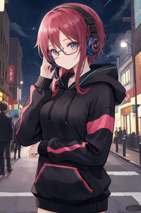 1 woman glasses headphones hoodie street night anime 