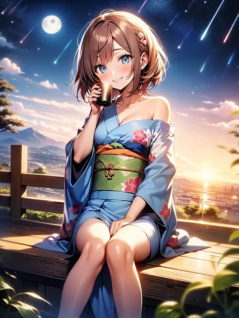 See the whole body,High quality contour light,reddish brown hair,Short Liuhai,blue eyes, beautiful eyelashes, blush:1.2, Japanese anime style,Low-cut gorgeous kimono,bare shoulders,Smile,side sitting position,At the deserted mountain viewing platform,Make ...