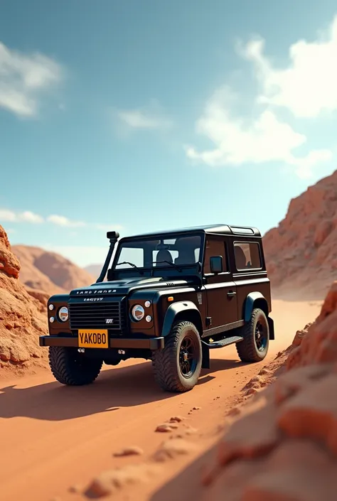 Create a 3D image of a black land rover  with a yellow back license plate that has the name "YAKOBO"Capital letter on the road front