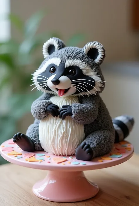 A delightful and adorable cake masterpiece, meticulously crafted to resemble a dynamic view of a cute, extra fluffy baby raccoon growling. The raccoon cake has a realistic appearance, with its fluffy grey fur, twinkling eyes, and playful pose. The cake res...