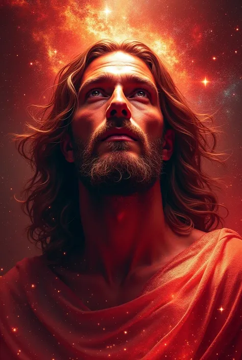 Create a face of a man, long hair, beard similar to Jesus from the chosem, where the face will be painted with the function of the crimson red image with stars and rays as in a galaxy 