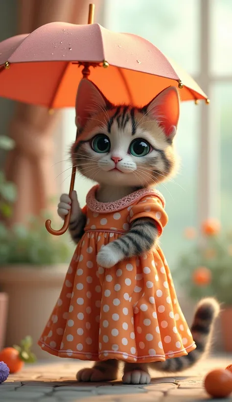 U: Cat in a polka-dotted dress holding an umbrella