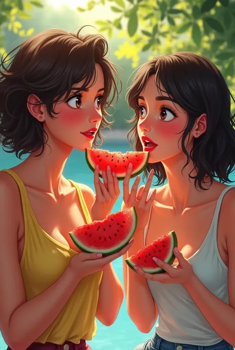 Two women eating watermelon