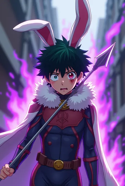 Generate me a boy with a hero suit and that has bunny ears and has a purple aura,that has powers and has a cape on the neck that has white fluff and is bleeding from one eye with an expression of sadness and is of legal age in the style of my hero academia...