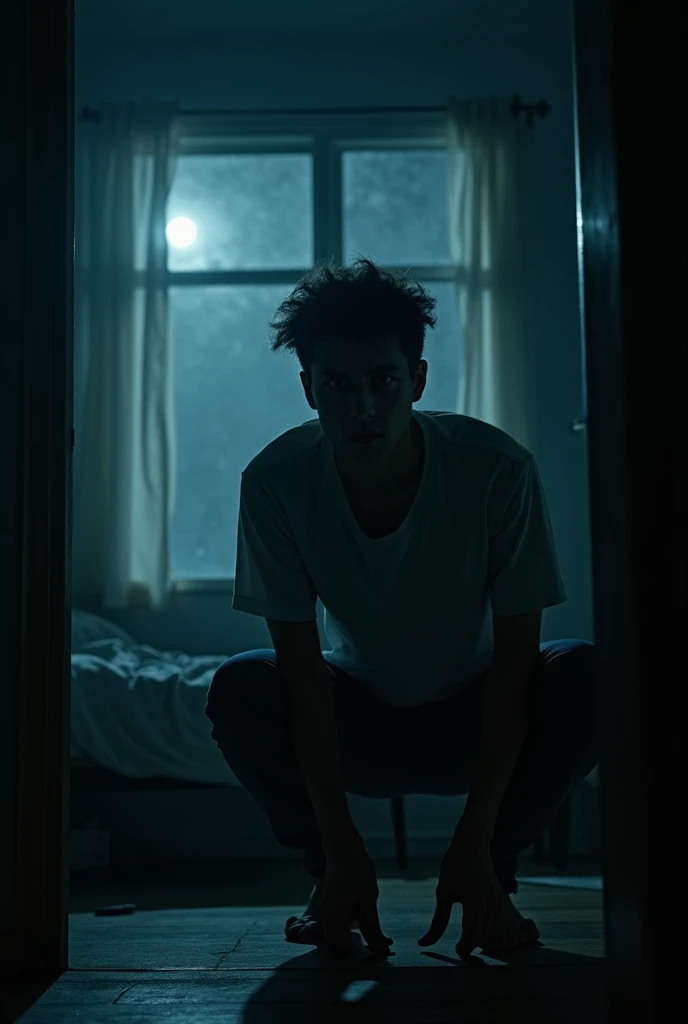 A Young Man Looking Scared Inside His Room At Night