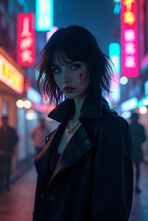 The neon lights of the city project a kaleidoscope of colors onto the porcelain features of the Astra, when she stands in silent guard, her sharp eyes scan the bustling streets for any sign of the supernatural. A light breeze ruffles her dark hair., and sh...