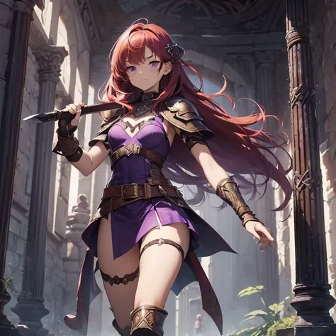 Masterpiece, absurdres, high fantasy artwork, best high quality image, carefuly detailed, very detailed features and textures, anime style, epic, solo character.
{{(A 14-years-old barbarian girl:(messed short-medium red hair, purple eyes with black pupils,...