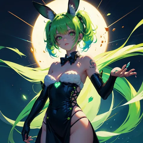 Rabbit technique , Science Fiction, Fluffy , 
1 girl, Tattoo, Glowing tattoo, Glowing eyes, Colorful glowing hair , Full body love, Green Hair,
  Kawaiitech, Soft colors, Kawaii, Lovely colors,