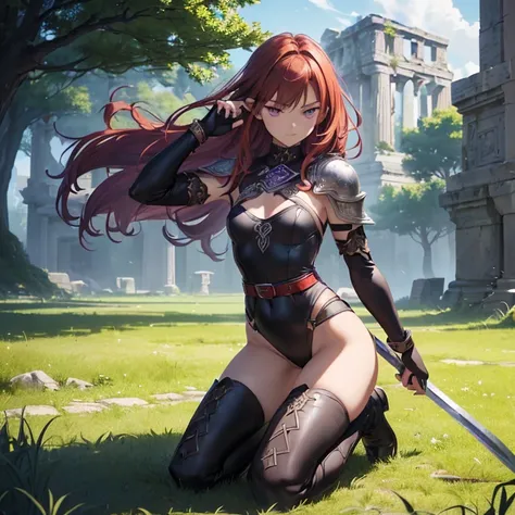 Masterpiece, absurdres, high fantasy artwork, best high quality image, carefuly detailed, very detailed features and textures, anime style, epic, solo character.
{{(A 14-years-old barbarian girl:(messed short-medium red hair, purple eyes with black pupils,...