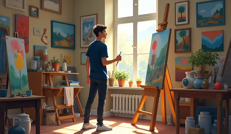 young painter, thin, with a navy blue shirt and black pants. standing in front of his canvas, painting, inside his studio. surrounded by paintings stuck on the wall, it is daytime, the light comes in through the window.