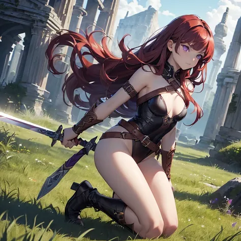 Masterpiece, absurdres, high fantasy artwork, best high quality image, carefuly detailed, very detailed features and textures, anime style, epic, solo character.
{{(A 14-years-old barbarian girl:(messed short-medium red hair, purple eyes with black pupils,...