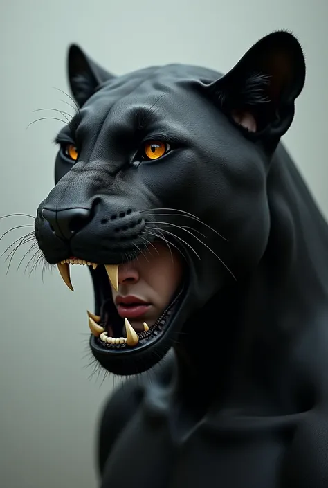 open mouth black panther helmet, with a person&#39;s face inside the panther&#39;s mouth, but the black panther is just a helmet