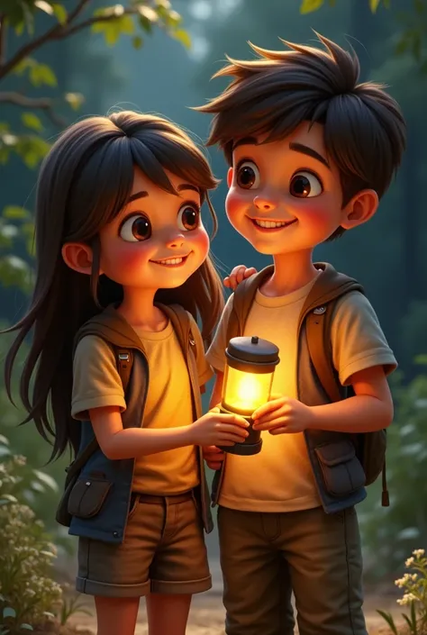 Real Happy girl next to a happy boy that hold a flashlight 