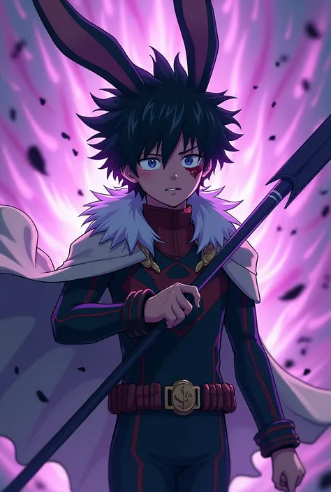 Generate me a boy with a hero suit and that has bunny ears and has a purple aura,that has powers and has a cape on the neck that has white fluff and is bleeding from one eye with an expression of sadness and is of legal age in the style of my hero academia...