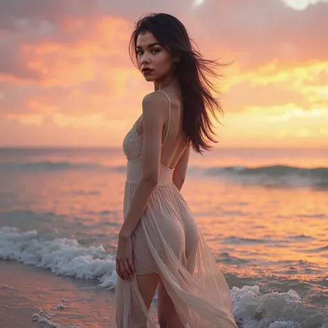 A woman with black hair stands in shallow ocean water, facing sideways with a slight turn towards the camera. She wears a sheer, light-colored dress with thin straps. The background features a vibrant sunset, casting warm hues across the sky and reflecting...