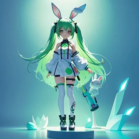 Rabbit technique , Science Fiction, Fluffy , 
1 girl, Tattoo, Glowing tattoo, Glowing eyes, Colorful glowing hair , Full body love, Green Hair,
  Kawaiitech, Soft colors, Kawaii, Lovely colors,