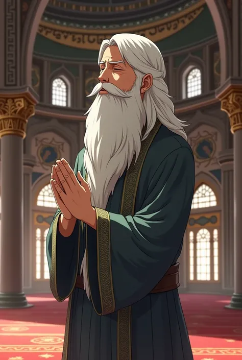 Half Body Image Gundalf islamic version praying in Mosque from anime lord of ring