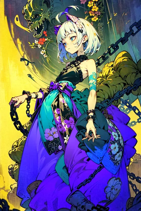 ((background made up of chains and flowers))、 horror elements, (masterpiece), (high resolution), (very delicate), (clear), manga...