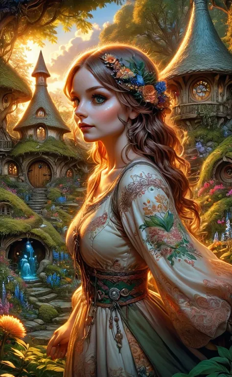 psychedelic fantasy sunset hobbit mansion, landscape, hyperdetailed, enchanting, beautiful hobbit lady tending the garden. high ...