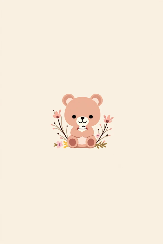 Create a minimalist Korean-style cafe logo, including these pastel-colored things: a teddy bear with a face tasting, In her hands a small dessert and around cherry blossoms, cheered up 