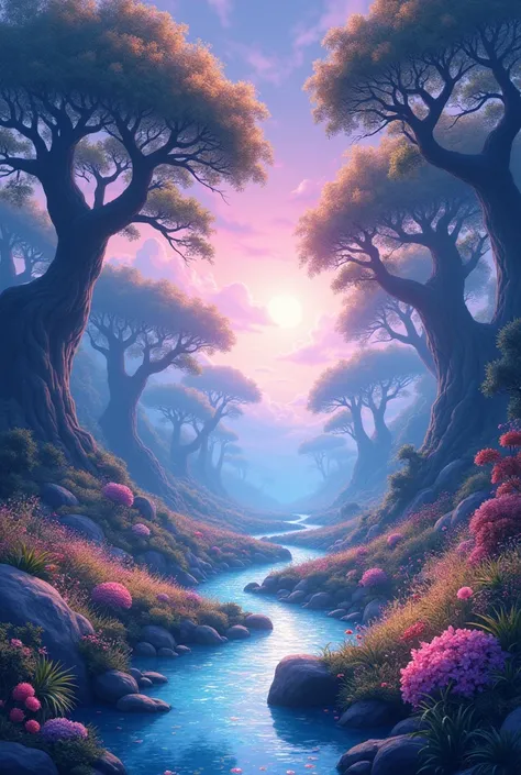 Create an anime style background image, depicting a fantastical setting of magical nature. The environment must be stunning, with an enchanted forest full of giant trees with bright, luminous leaves. Add sparkling streams winding through the trees, with st...