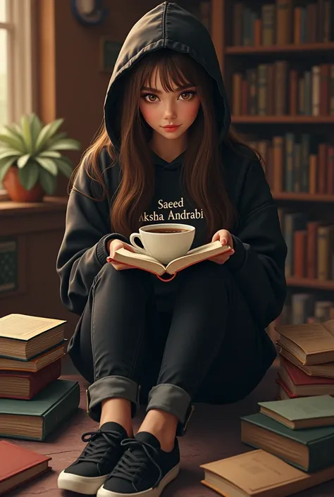 Generate a picture of a girl who loves books and coffee who has brown  no bangs long hair brown foxy eyes long eyelashes diamond and oval face shape mole on chin wearing black jeans and black hoodie with saeed Aksha Andrabi written on hoodie .and head cove...