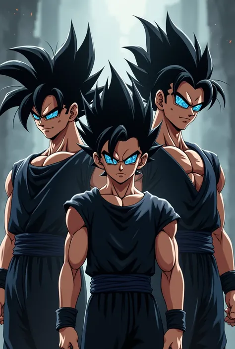 Goku,vegeta and gohan with black hair and clothes and sunglasses