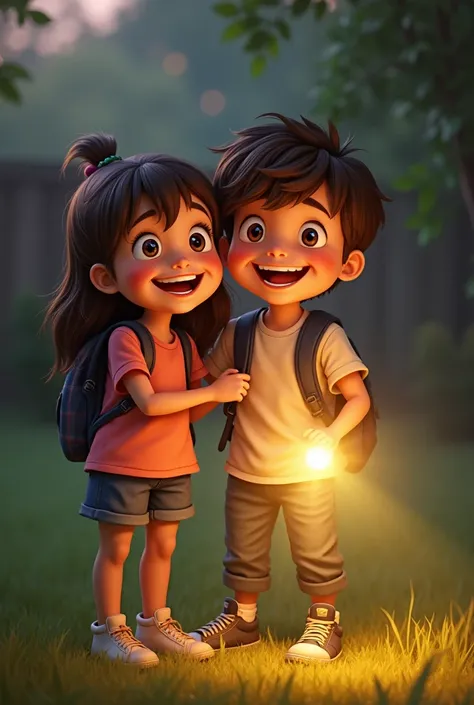 Realistick photo of Happy girl next to a happy boy that hold a flashlight 