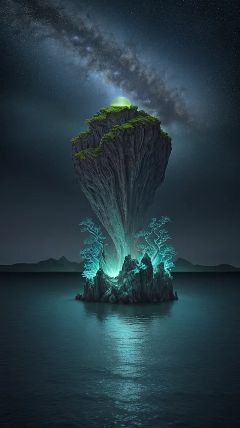 Create a 3D realistic landscape of an otherworldly sea with a starry sky featuring a large visible moon and visible ripples on the water’s surface. The scene should include surreal elements, such as floating islands, Bioluminescent marine life, and unusual...