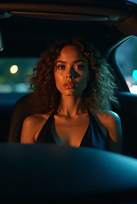 the same young woman, in an Audi style car, passenger side, with curly hair, with a top that has a large neckline, in the middle of the night, natural lighting, with maximum realistic quality