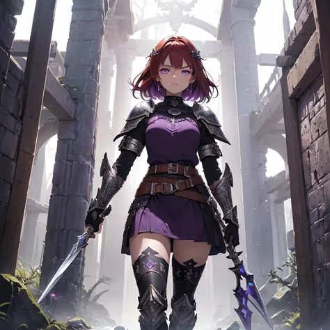 Masterpiece, absurdres, high fantasy artwork, best high quality image, carefuly detailed, very detailed features and textures, anime style, epic, solo character.
{{(A 14-years-old barbarian girl:(messed short-medium red hair, purple eyes with black pupils,...