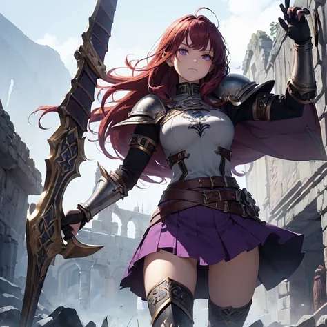 Masterpiece, absurdres, high fantasy artwork, best high quality image, carefuly detailed, very detailed features and textures, anime style, epic, solo character.
{{(A 14-years-old barbarian girl:(messed short-medium red hair, purple eyes with black pupils,...