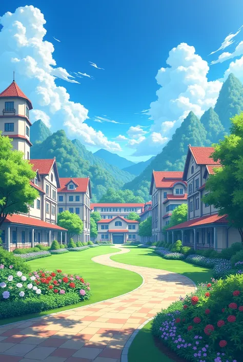 I need an anime style school image, in size 9:16 that is colorful without character, only the background with the school 