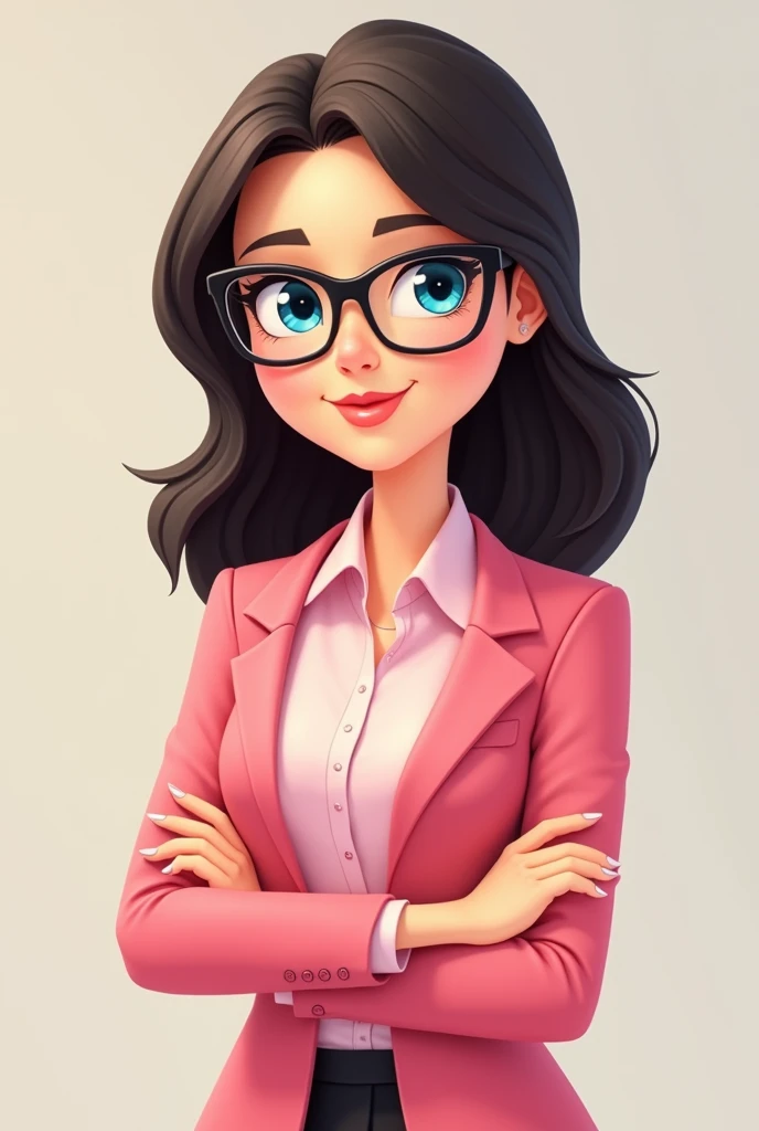 Confident and professional business woman with hands on animation cartoon person eyes BLUE-Green ,Glasses , Mid thin dark, blonde hair,Pink jacket ,Light pink shirt ,Nails French style