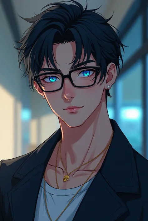 College sexy boy,  muscular, blue eyes, cold light skin , cute and hot, glasses manhwa, anime