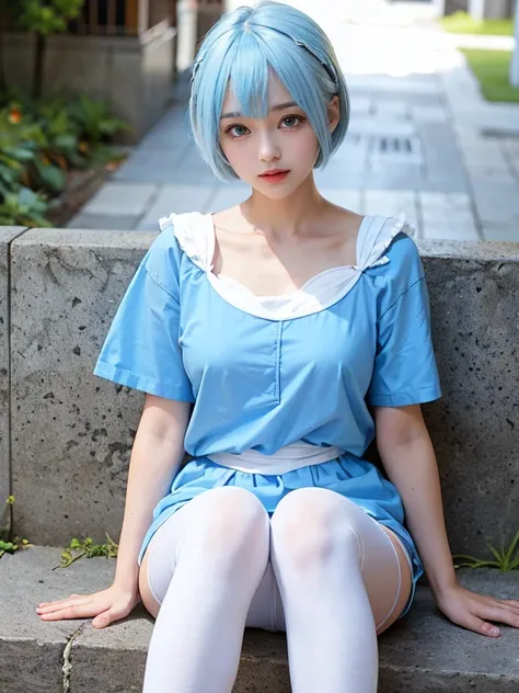 White tights, vibrant blue hair。short hair。Ephemeral beautiful girl。Rei Ayanami。