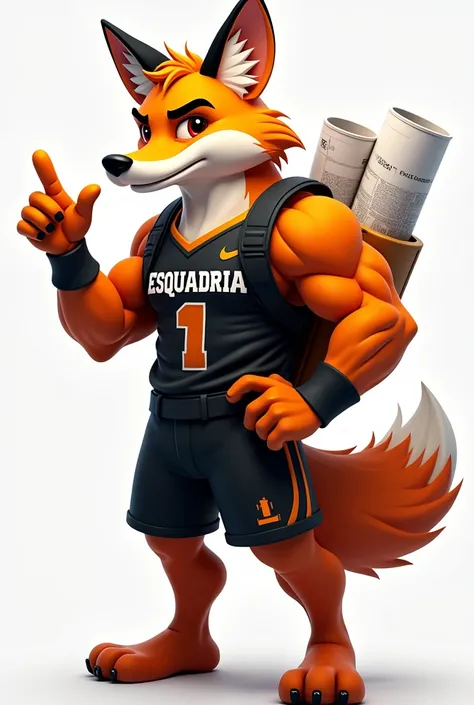 3 images of a university mascot, that is a STRONG and muscular fox, with the body slightly inclined and making a gesture with the hand calling, with the black and orange uniform written ESQUADRIA, on the back a folder with architectural projects, that the ...