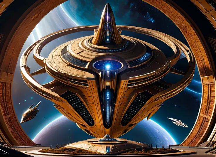 A breathtaking 750k UHD 4D resolution digital masterpiece depicting an epic space battle between an array of iconic starships from various sci-fi universes. In the foreground, a massive dark gold starship is shaped like an infinity symbol, with a length of...