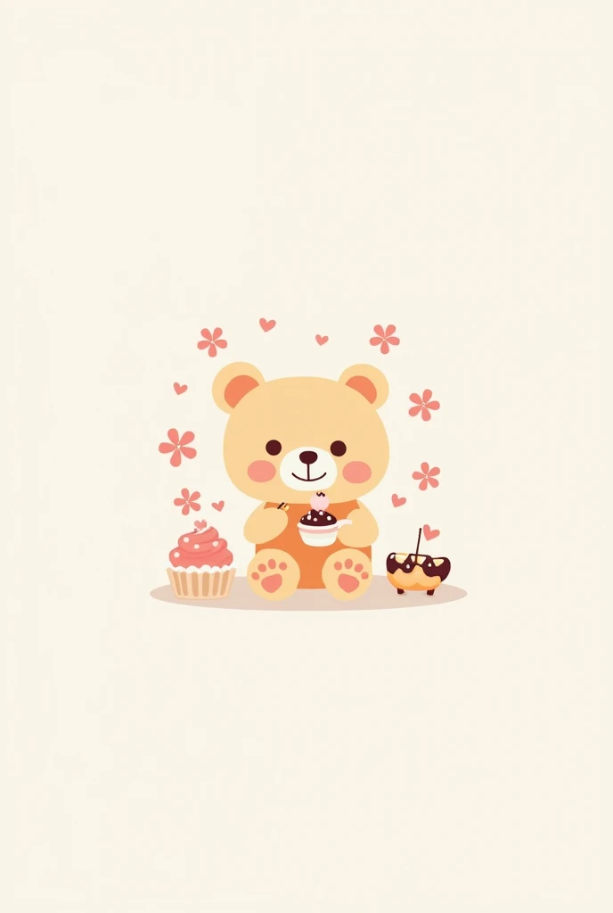 Create a minimalist Korean style dessert shop logo including these things: pastel colors teddy bear with face tasting, In her hands a small dessert and around cherry blossoms, cheered up 