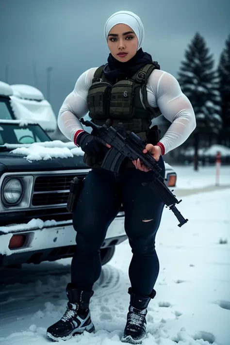 Photorealistic, high resolution, 1 malay woman in hijab, Solo, Hips up, Snow background，view the viewer, (Detailed face), White hijab, SWAT vests, sniper rifle handle, White military uniform, bulletproof vest, Holding an assault rifle, M16, Inside the city...