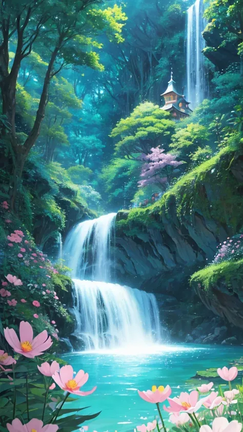 Viral anime nature wallpaper in 4K quality, in the style of illustration inspired by Studio Ghibli, depicting a hidden waterfall surrounded by lush greenery, delicate flowers blooming around, and small woodland creatures playing near the water; soft and pa...