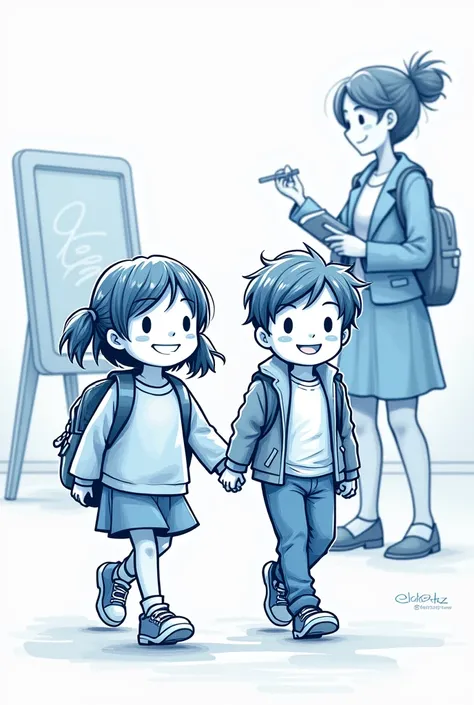 Create a sketch-like illustration in blue tones, where two children, a girl and a boy, are walking towards school. The girl, with a backpack, is holding the boy’s hand as they both smile. In the background, a teacher, also sketched in blue, stands by a bla...