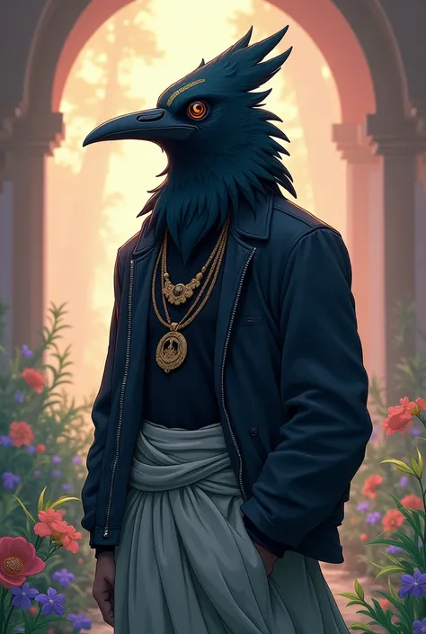 Imagine a man with a crow face mask wearing Hindu Tilak on his forehead and wearing black jacket and a dhoti and image should be in cartoon style of studio Ghibli 